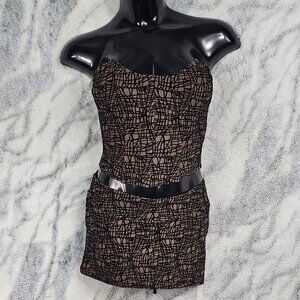New Pink Medium Brown and Black Mesh Velour Set Corset Top and Skirt